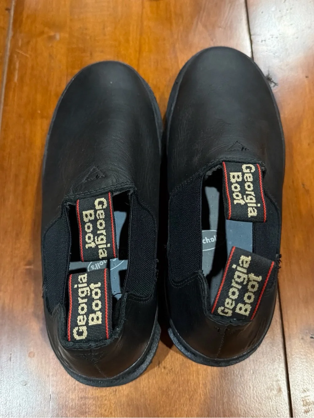 Georgia Boot Black Slip-On Work Boots with Red Trim Pull Tabs